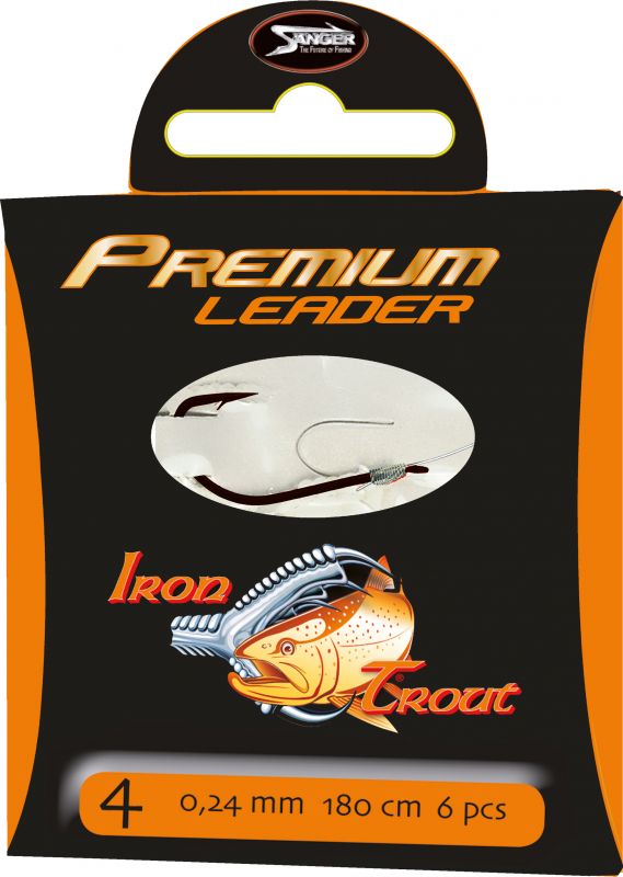 IRON TROUT návazec premium leader, 220 cm, vlasec 0,18 mm, háček č. 10, 10 ks/bal Saenger
